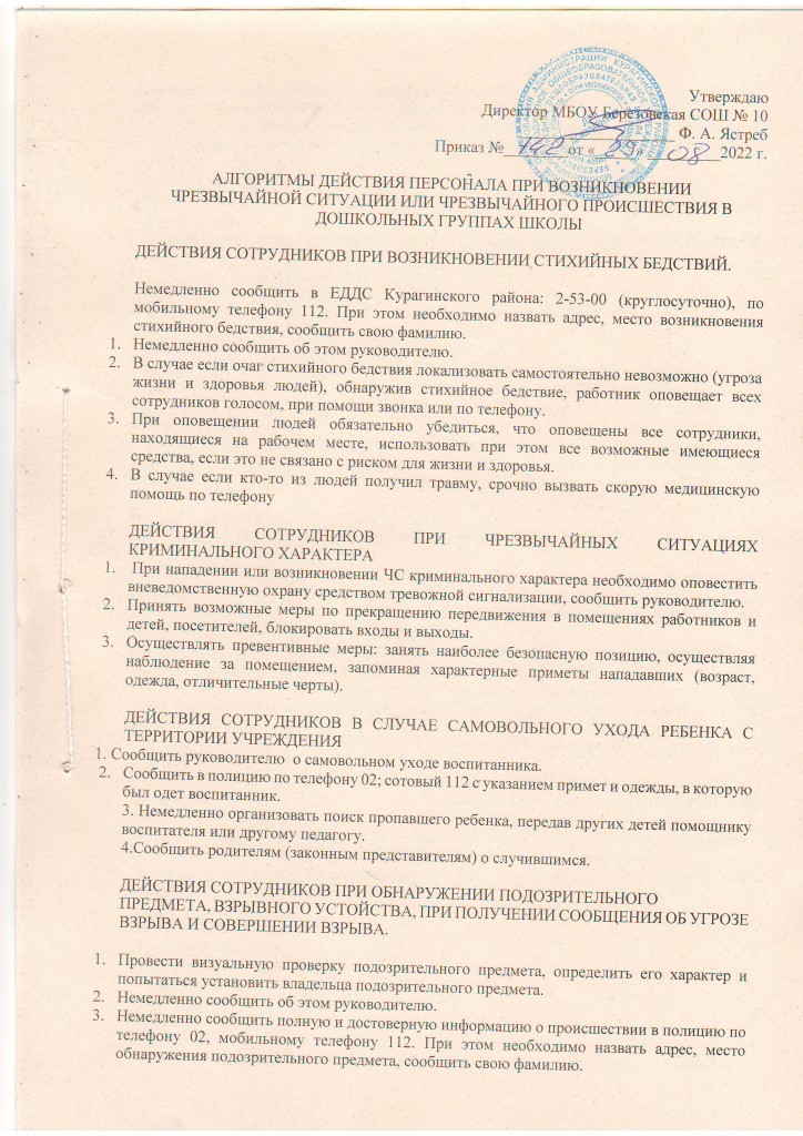 АЛГОРИТМЫ ДЕЙСТВИЯ ПЕРСОНАЛА ПРИ ВОЗНИКНОВЕНИИ ЧРЕЗВЫЧАЙНОЙ СИТУАЦИИ ИЛИ ЧРЕЗВЫЧАЙНОГО ПРОИСШЕСТВИЯ  0